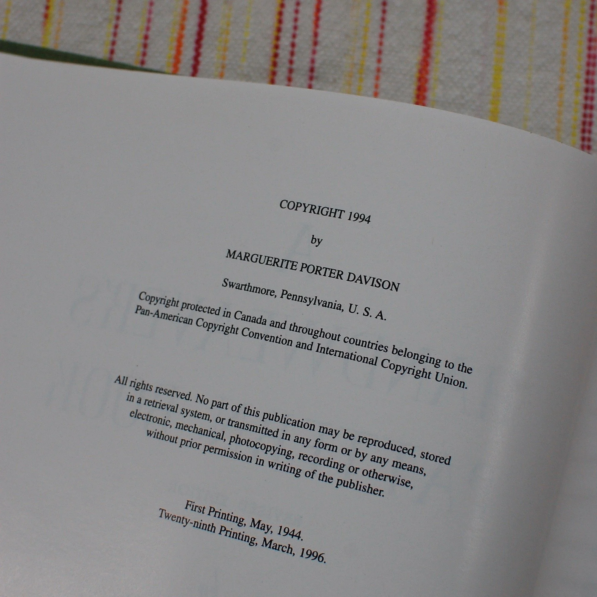 Copyright page of A Handweaver's Pattern Book by Marguerite Davison