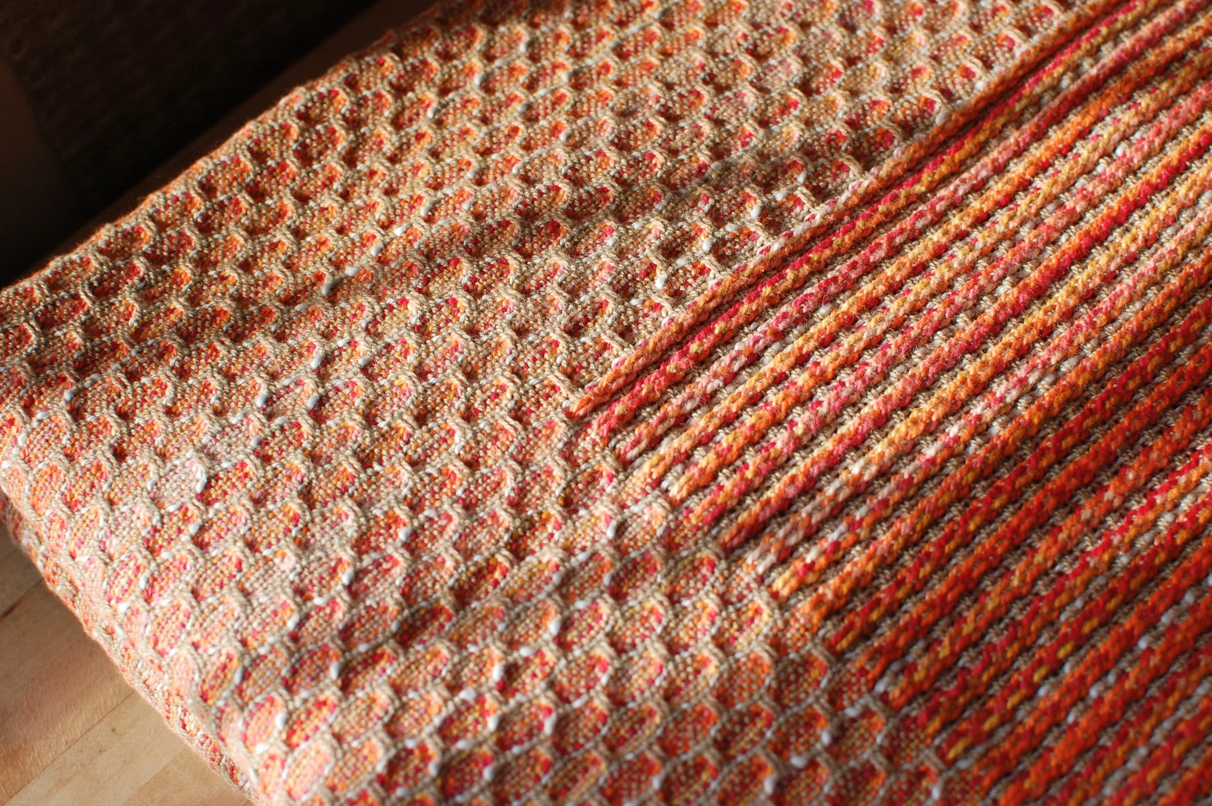 Detail of a modern handwoven custom throw blanket in autumnal colors