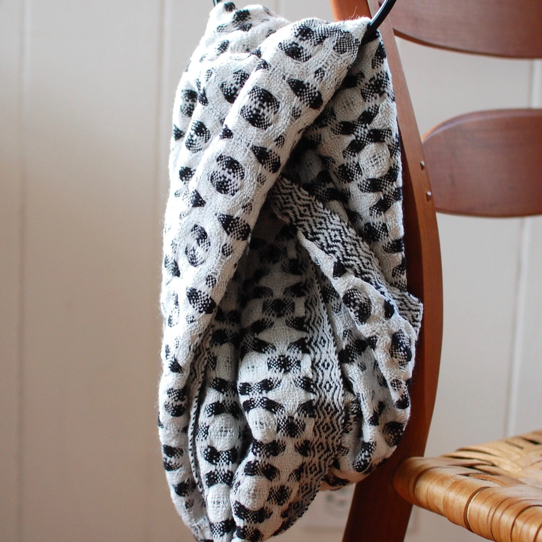 Classic black and white infinity cowl scarf merino handwoven