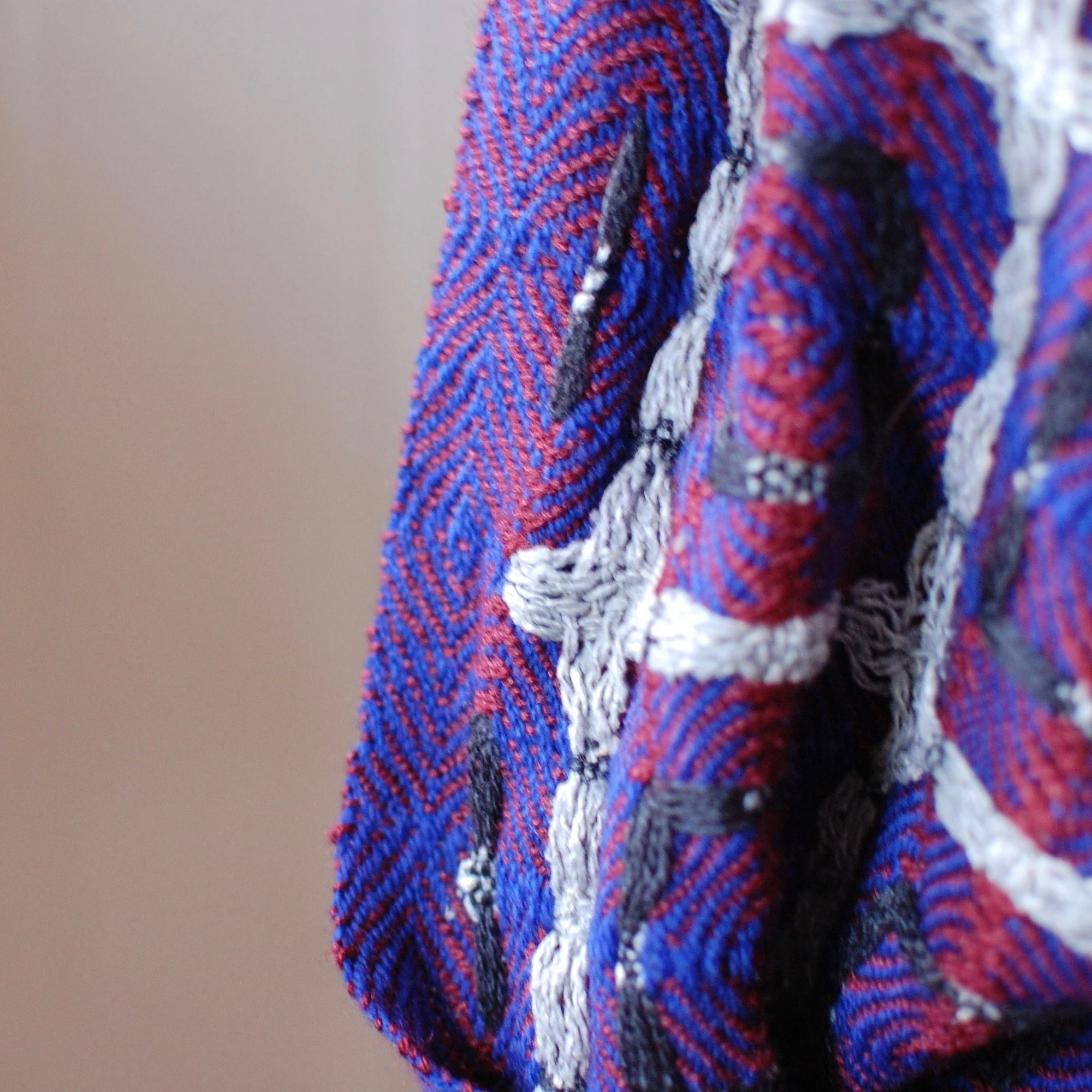 deep blue, red and gray infinity scarf handwoven