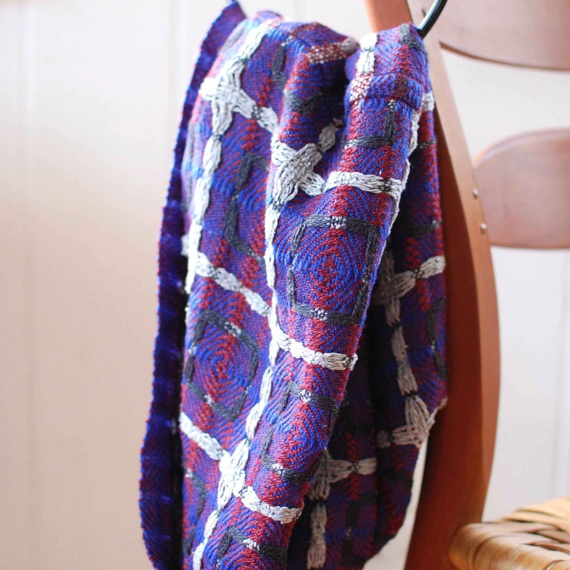 Burgundy, blue and gray merino and silk cowl scarf