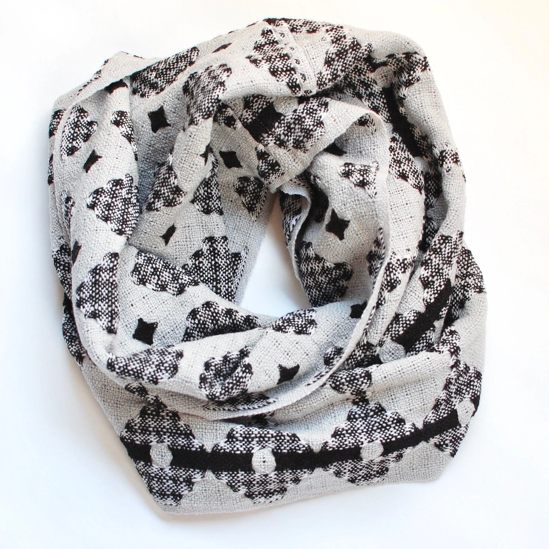 Handwoven merino infinity scarf. black, grey, and white made in USA