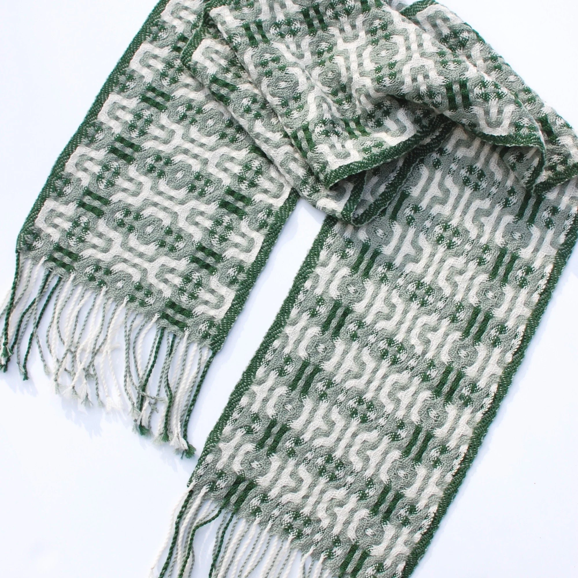 Merino wool handwoven scarf in green. unique and modern