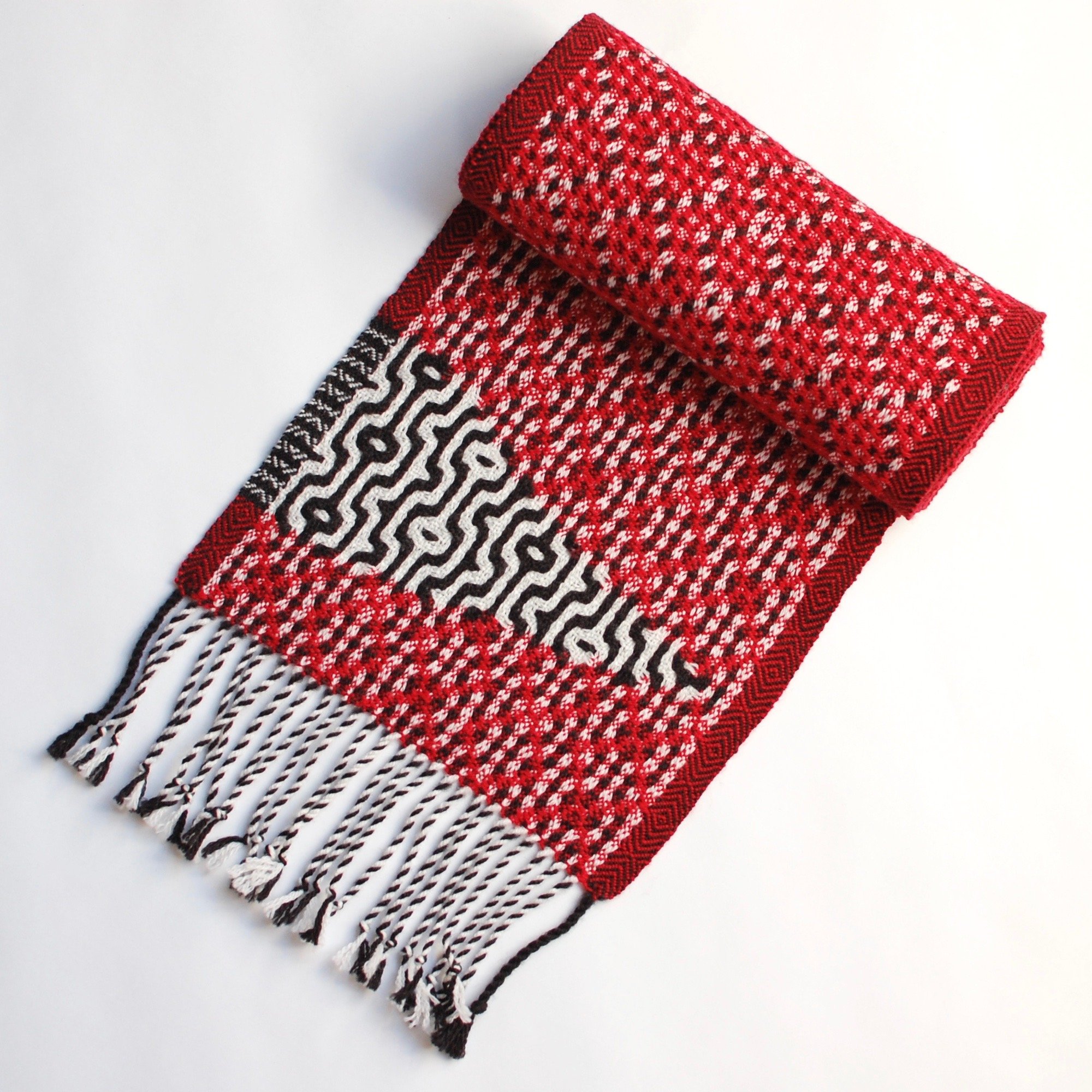 Red black and white handwoven scarf. Tomato red scarf. Handwoven in CT merino wool