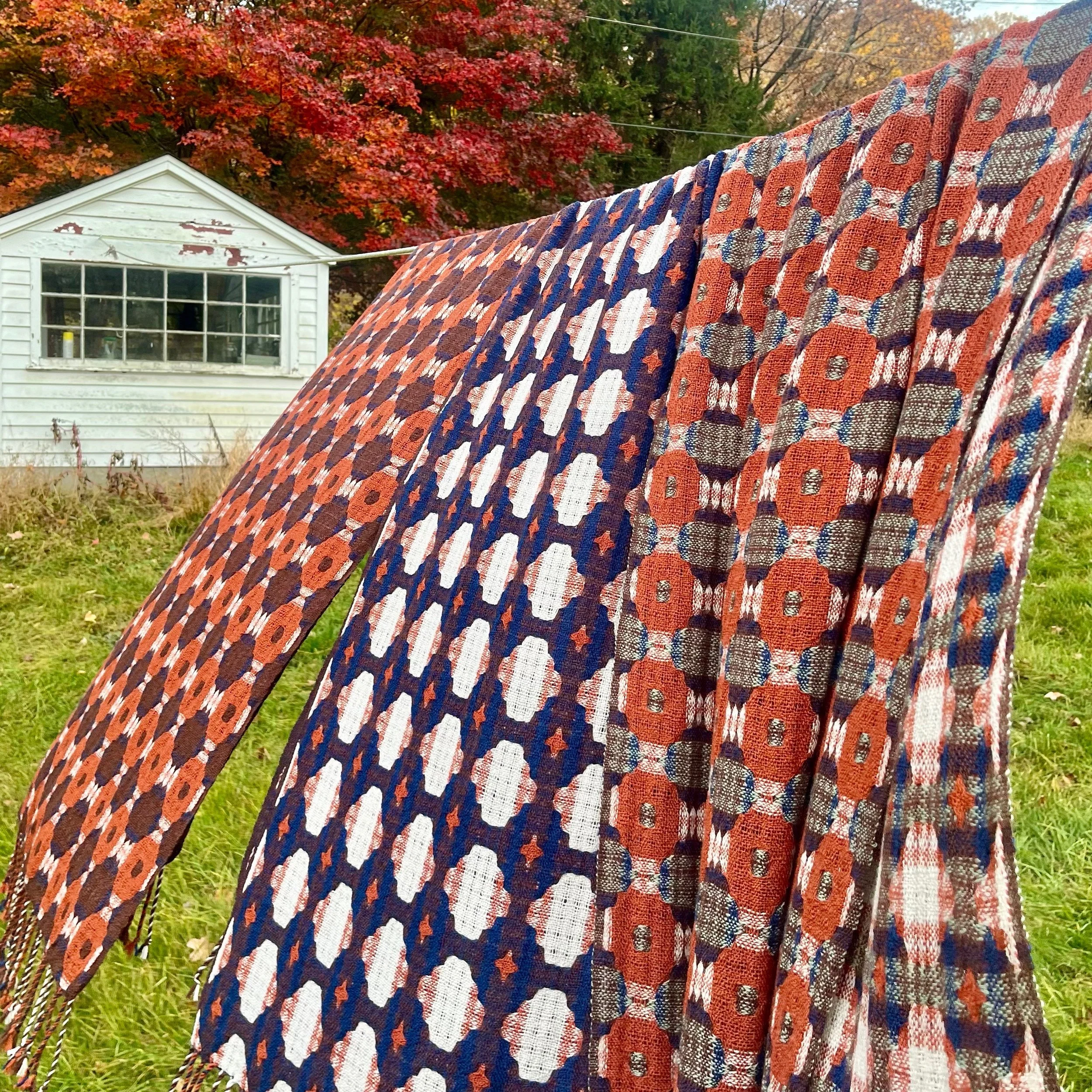 Handwoven shawls hanging on a line to dry with a Maple tree in fall foliage behind. (Copy) (Copy)