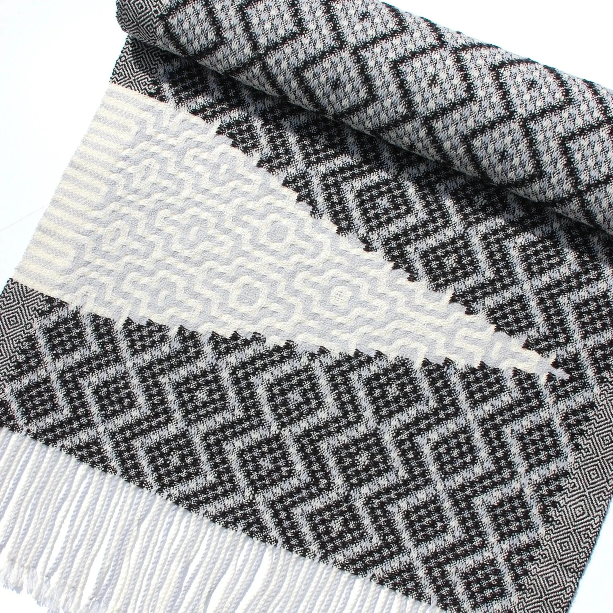 Glacier Scarf Handwoven textile merino wool. Black white and grey