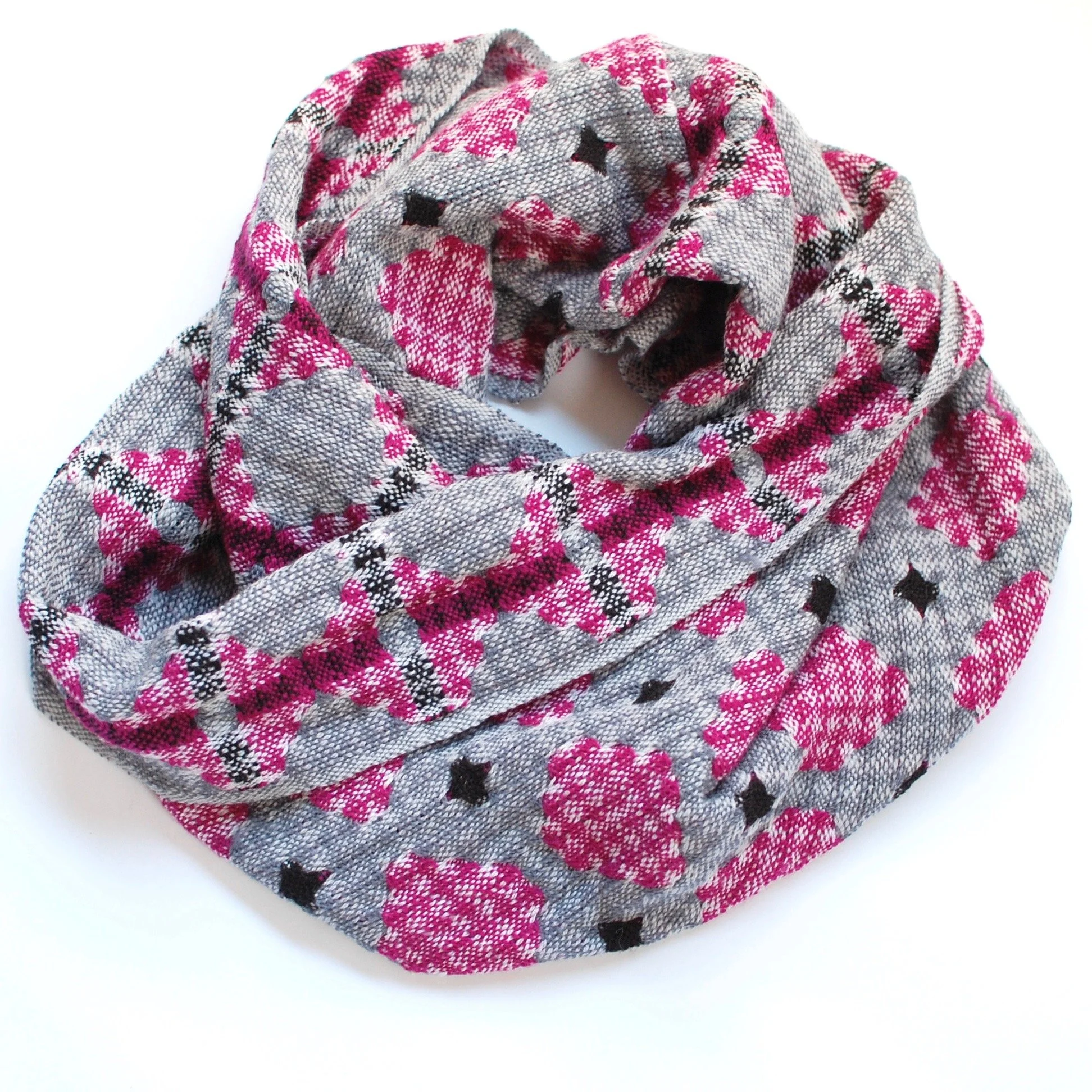 Handwoven cowl scarf. Pink, grey and black. Modern. Super soft merino
