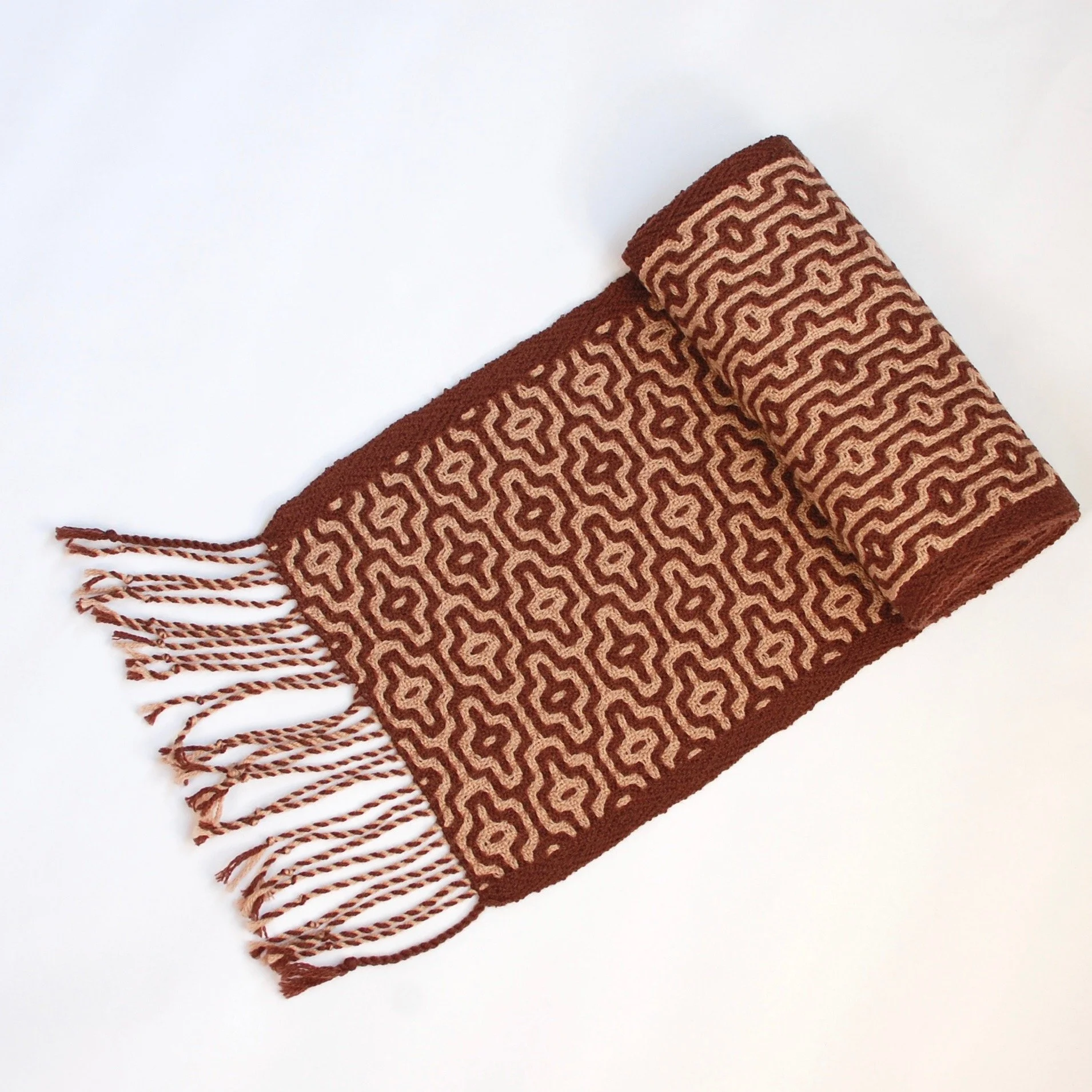 A brown handwoven scarf artisan made super soft. Made in CT, America