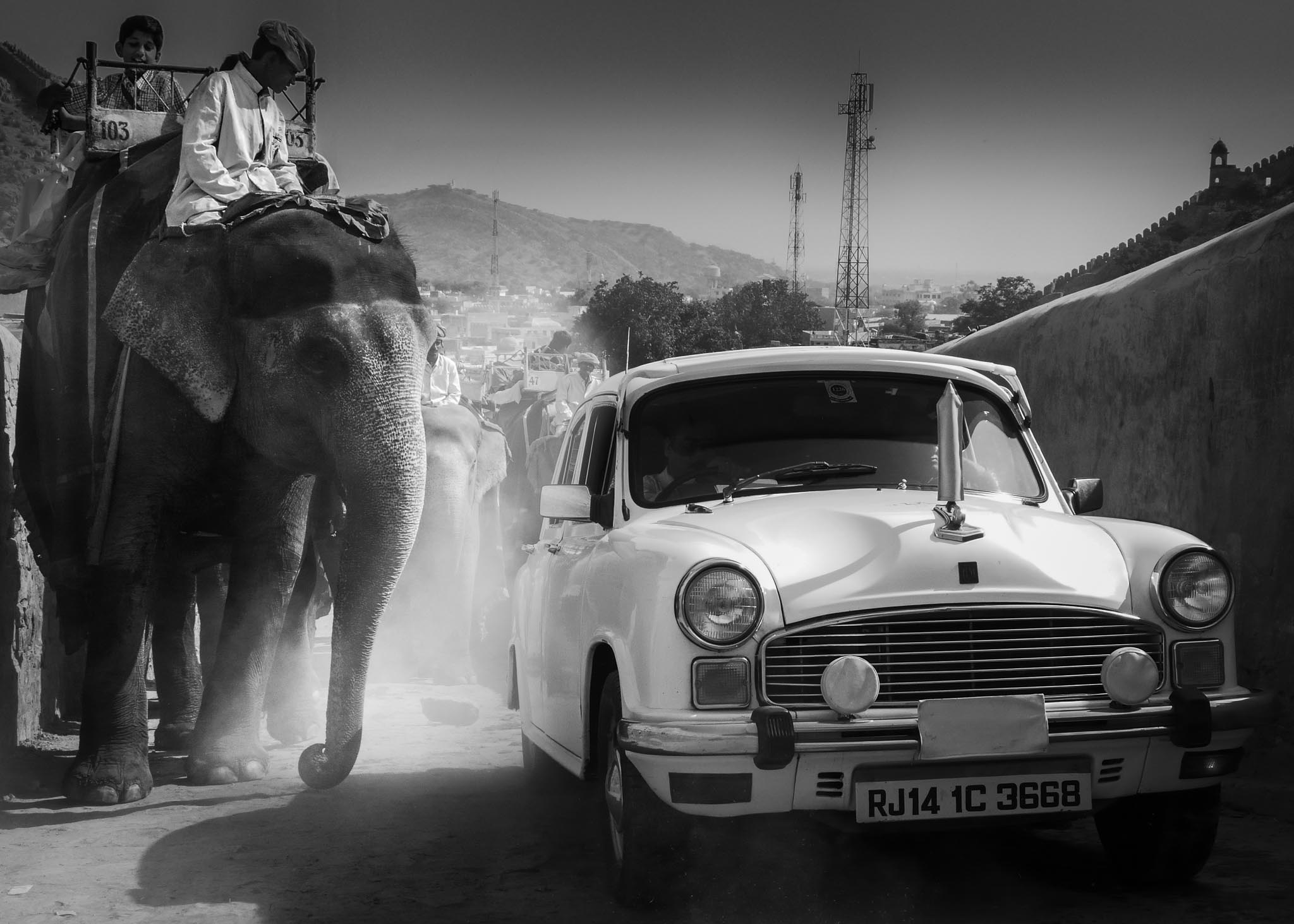 An Ambassador struggling up the hill at the Amber Palace, Jaipur 2007.