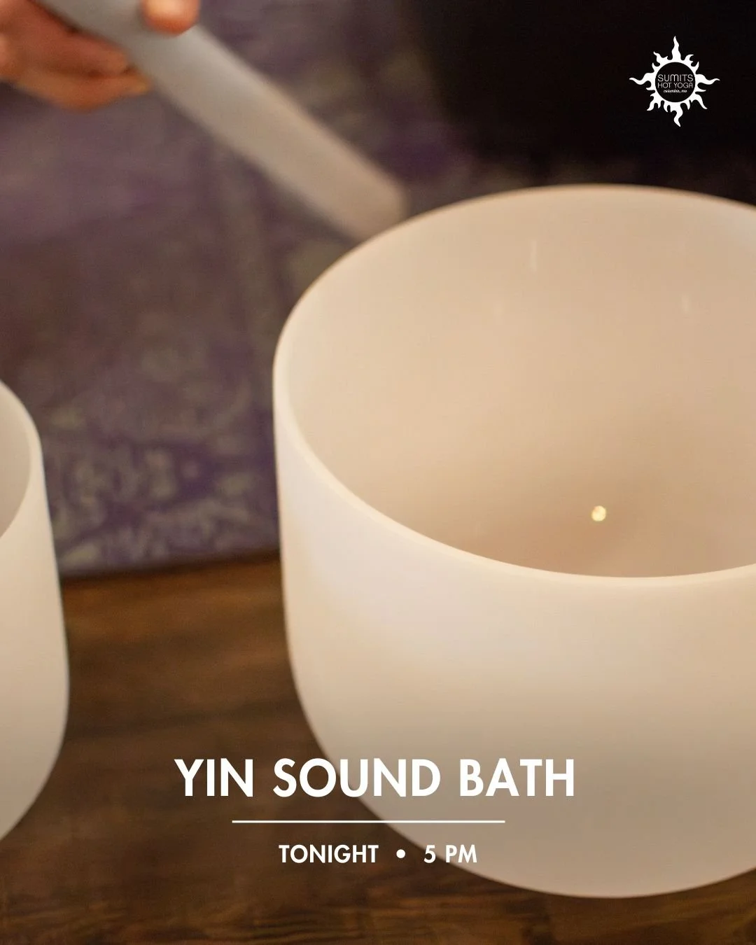 Yin Sound Bath is TONIGHT at 5 pm ✨ Take this time to deepen your inner awareness and connect with your entire being.

Join Sarah for this special time of deep, long yin poses enhanced by a rich sound bath meditation with multiple layers of instrumen
