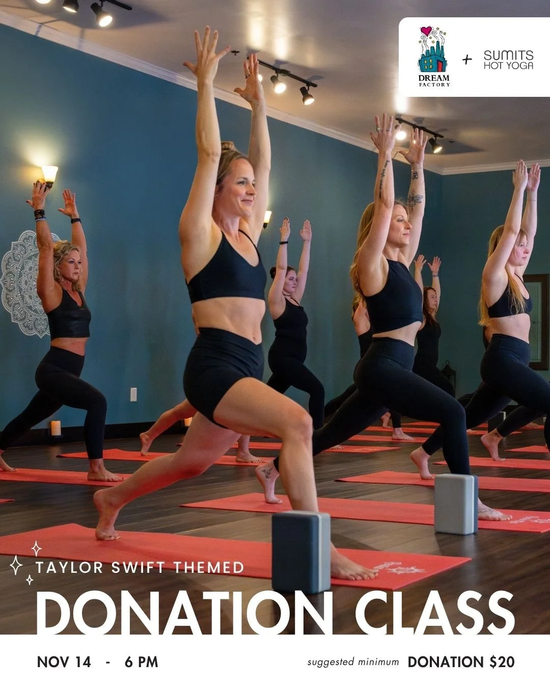 Join us on Nov 14 at 6 PM for a Taylor Swift themed Sumits Series donation class! The class will benefit the Dream Factory of Central MO. 

The @cmodreamfactory  is a local nonprofit that grants dreams to children ages 3-18 who are battling critical 