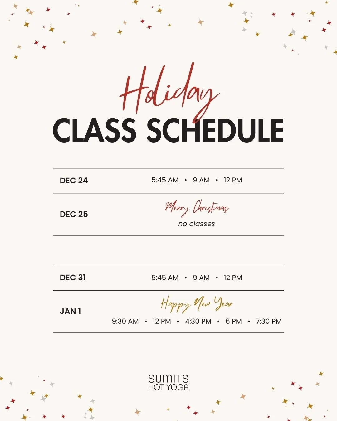 Here&rsquo;s our holiday class schedule! 🎄  We&rsquo;re mostly on our regular routine, with just a few shifts.

Whether you&rsquo;re looking to slow down, reset, or keep your routine going through the holidays, we&rsquo;ve got space for you on the m