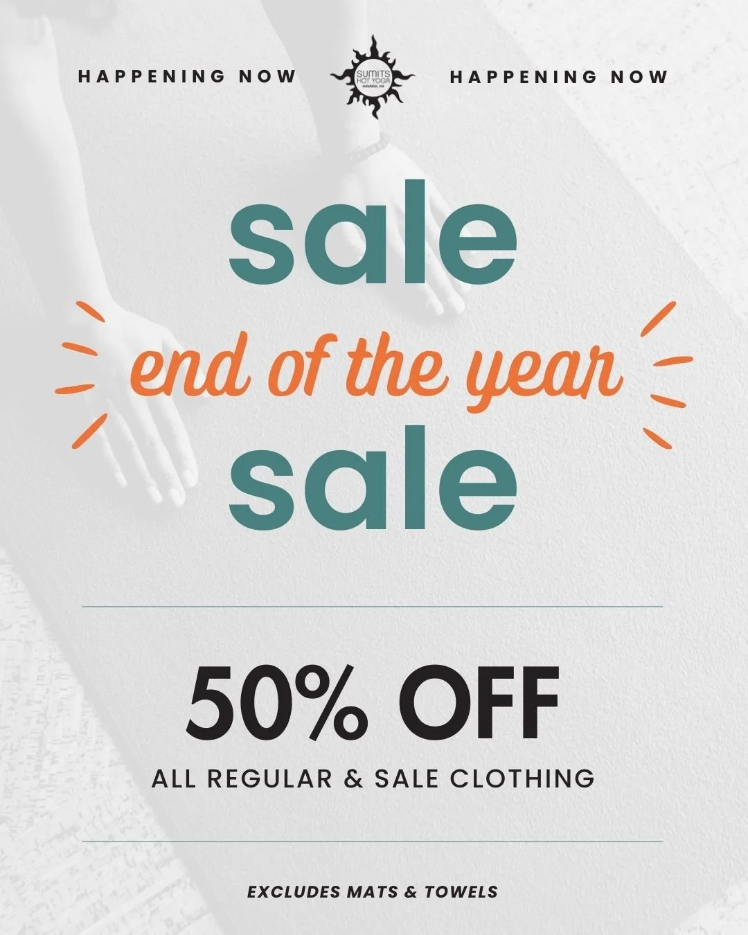Our End of the Year sale is happening now! Get 50% off all regular and sale clothing items excluding mats and towels. Stop by the studio and treat yourself to something!!🧘&zwj;♀️