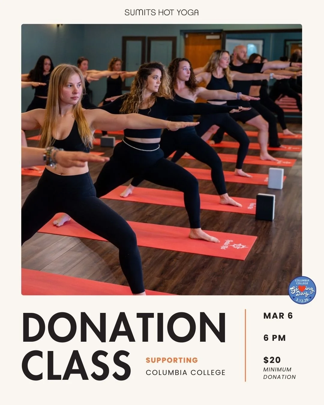 Join us this Friday at 6 PM for a Sumits 60 class to move, sweat and give back. This class benefits Columbia College as part of Giving Day 2026. Everyone is welcome and we'd love to see you there!

$20 Minimum Donation. Sign up in person or online at