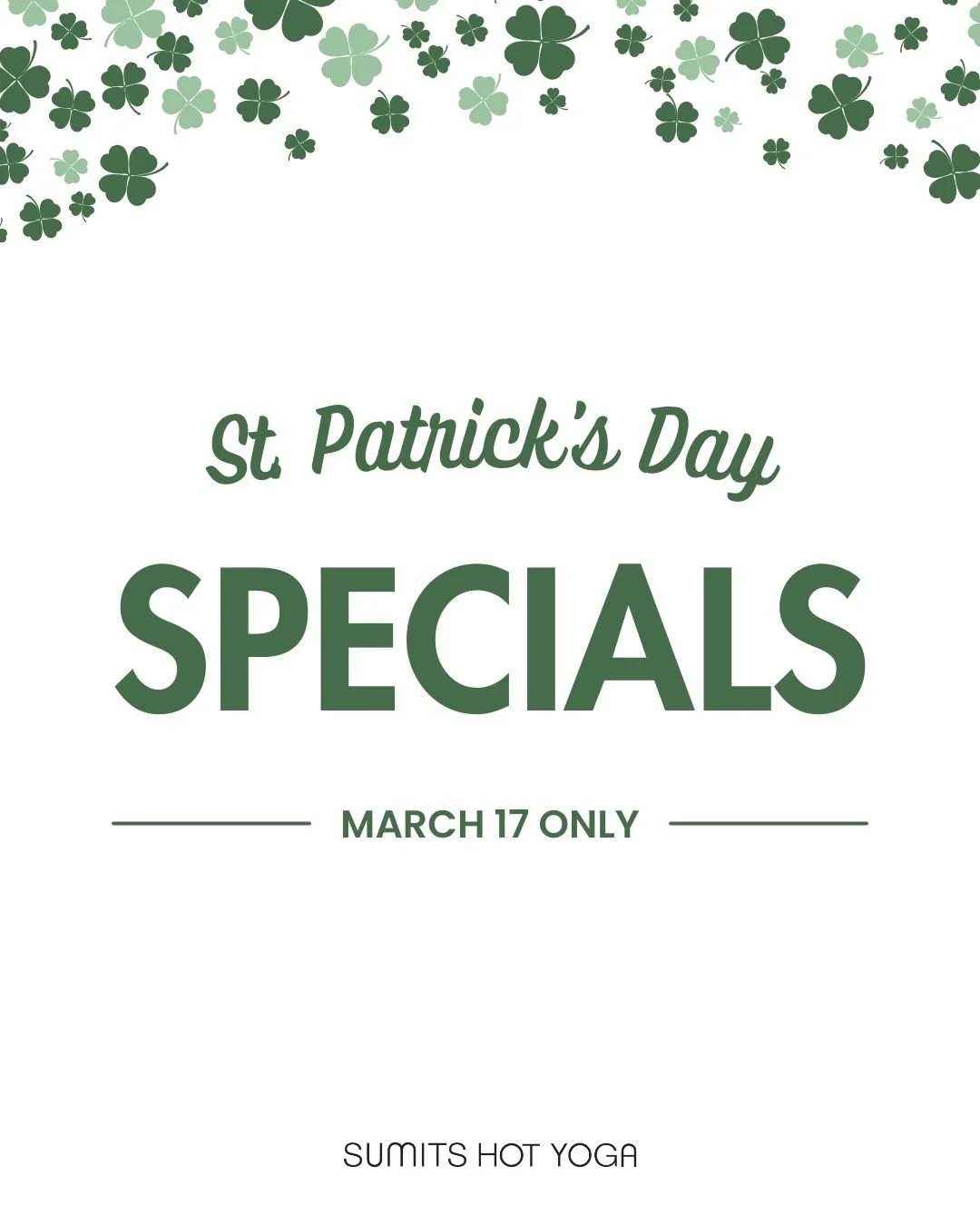 Feeling lucky? 🍀 Celebrate St. Patrick&rsquo;s Day with us on Tuesday - $10 cash classes all day and 17% off class cards!
