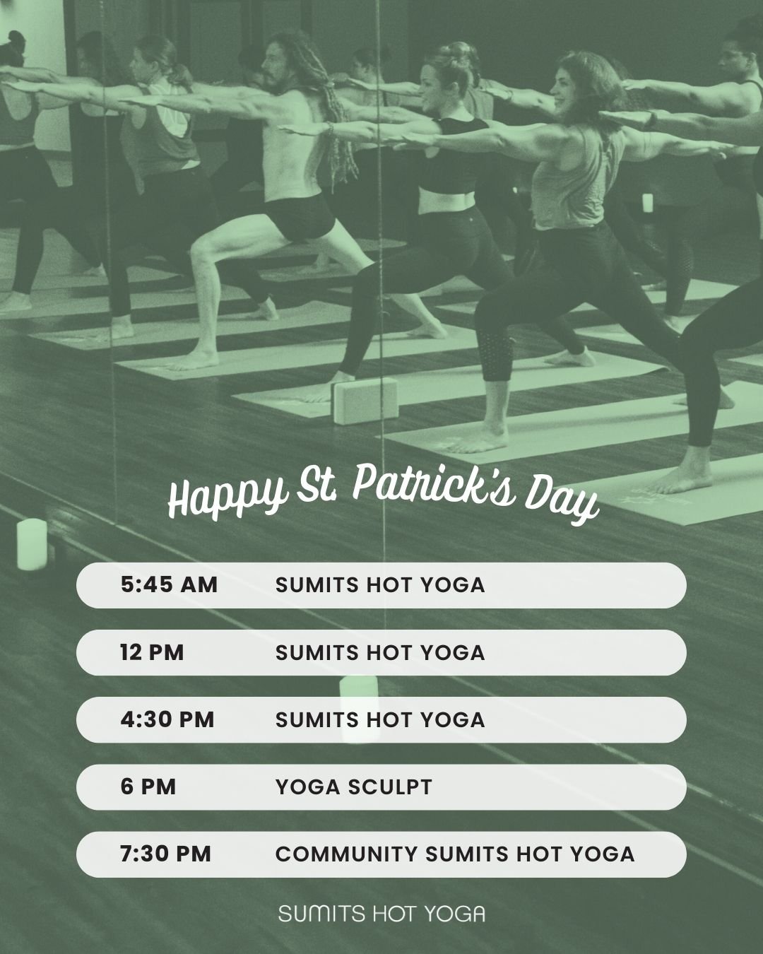 Happy St. Patrick&rsquo;s Day 🍀 $10 cash classes today + 17% off class cards. Come celebrate with us!