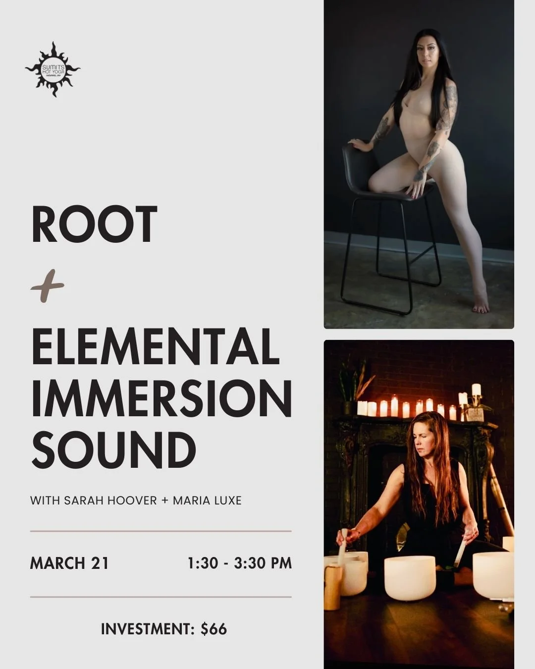 Join Sarah and Maria this Saturday, March 21 for Root + Elemental Immersion Sound.
____

Maria brings us Root - A foundational workshop focused on the relationship between the feet and pelvis. It builds stability, grounding, and safe load-bearing thr
