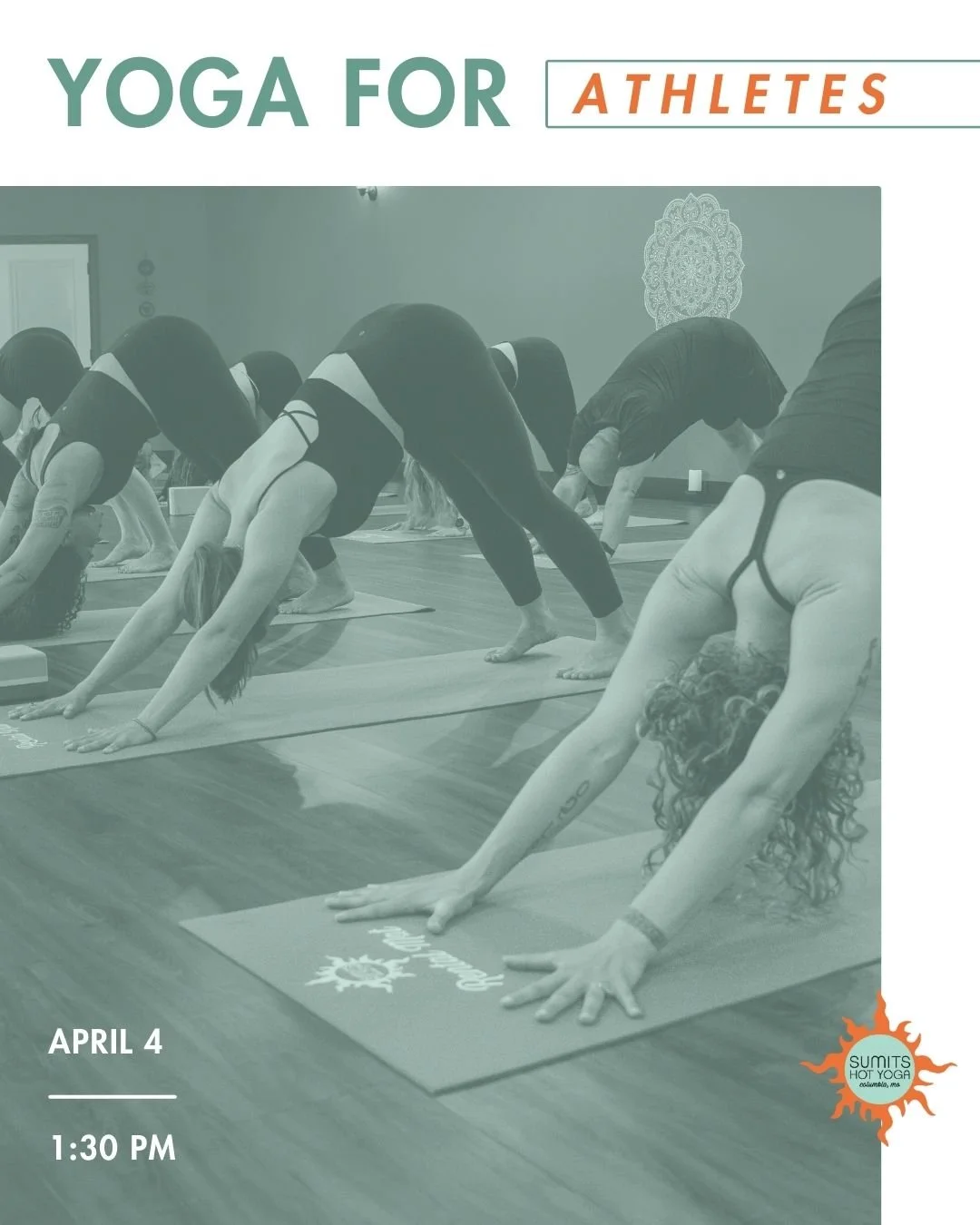 Our last Yoga for Athletes class is this Saturday, April 4 at 1:30 PM. Join Laurie for this class that's designed to help athletes cultivate more mobility, stability, strength, and flexibility.

Adding yoga into your training routine promotes healthy