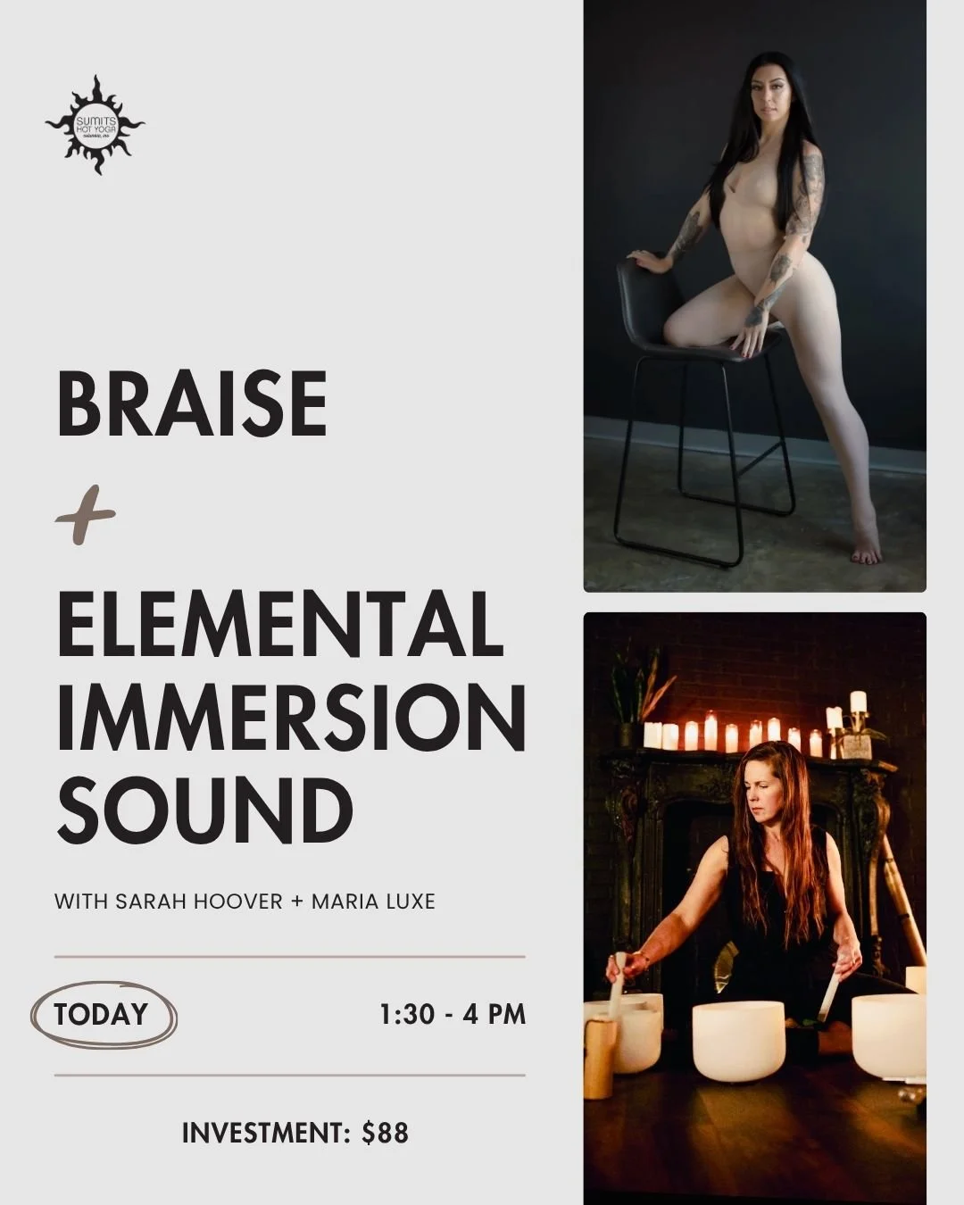 Join Sarah and Maria today, April 11, for Braise + Elemental Immersion Sound.
___

Maria brings us Braise an exploration of spinal extension and heart opening through safe, progressive backbending.

This workshop focuses on breath, strength, and mobi