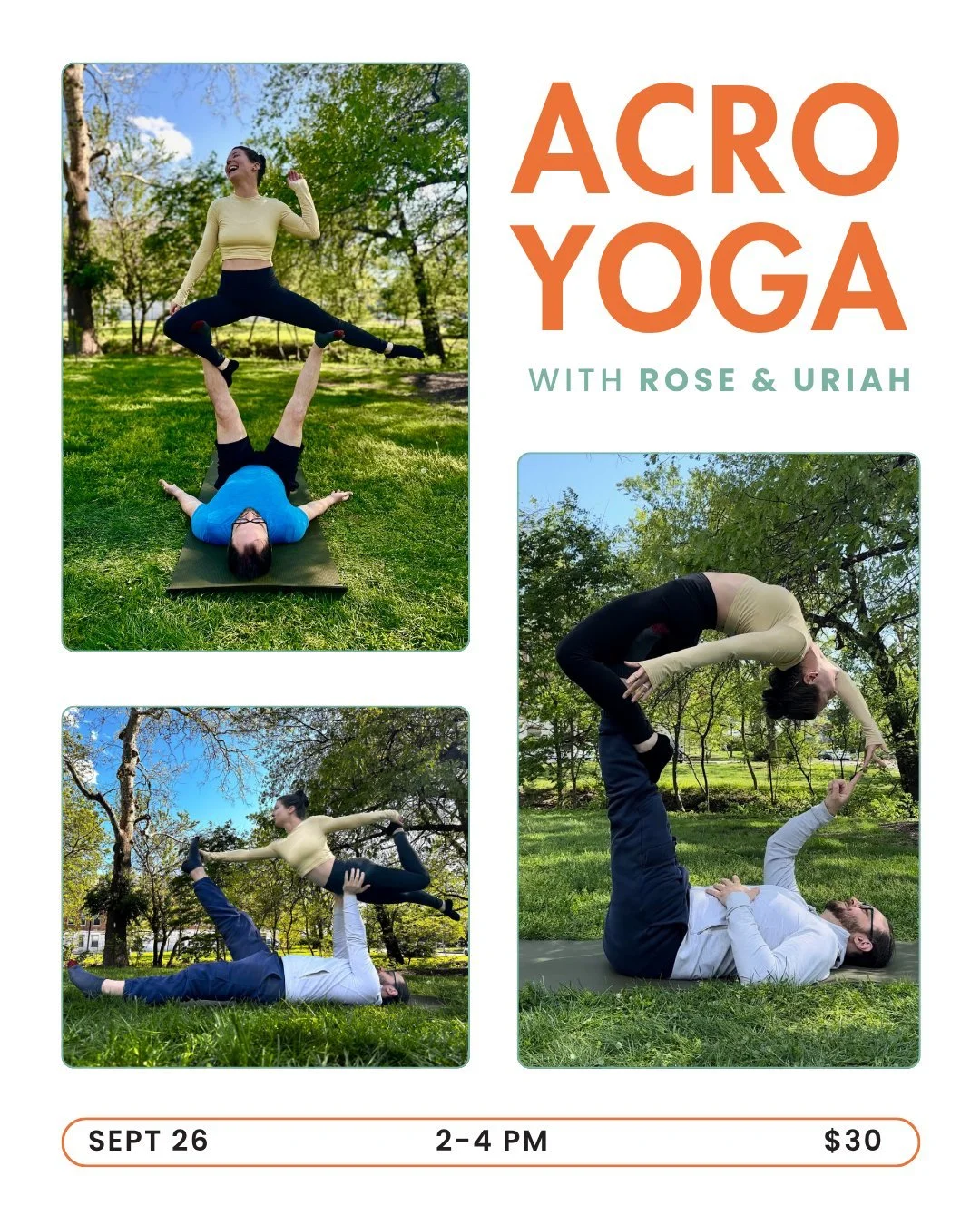 Have you signed up for Acro Yoga yet?

Join Rose &amp; Uriah on September 26 from 2&ndash;4 PM for an afternoon of flying, basing, spotting and plenty of fun. This workshop is completely beginner-friendly, and no partner or Acro experience is needed!