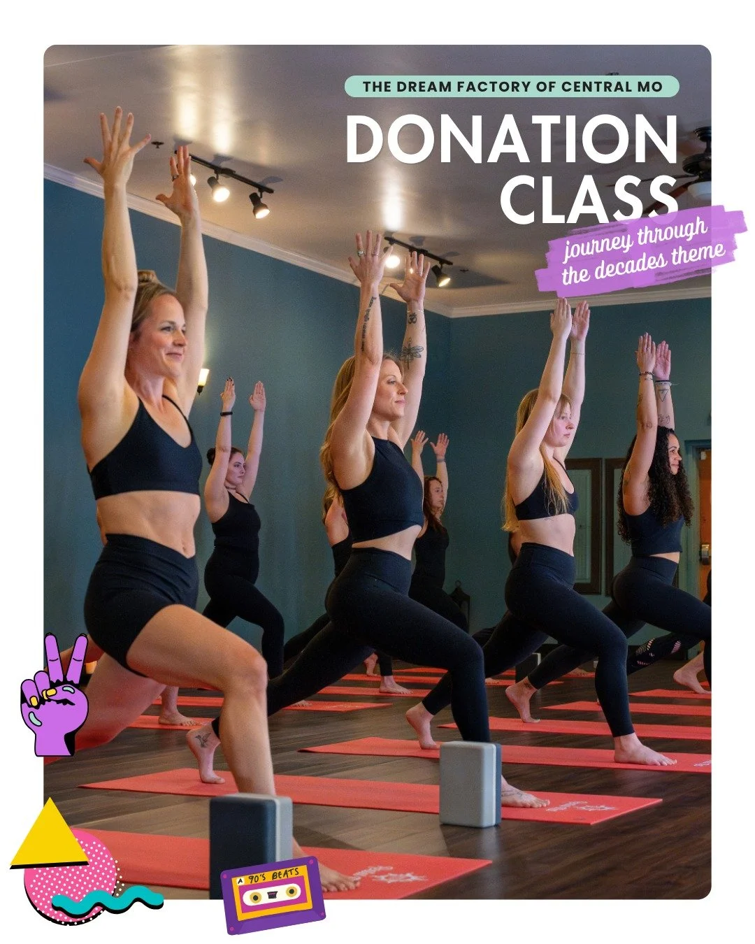 Join us November 13 at 6pm for a fun donation class themed Journey Through the Decades 🎶 

This Sumits Series class that benefits the Dream Factory of Central MO.

The Dream Factory of Central MO is a local nonprofit that grants dreams to children a