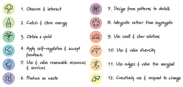 The 12 Holmgren principles are one available set of design principles used in permaculture design.