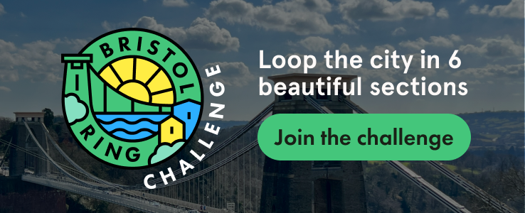 Landscape picture of the Clifton Suspension Bridge in Bristol. Text reads: Bristol Ring Challenge. Loop the city in 6 beautiful sections. Join the challenge.
