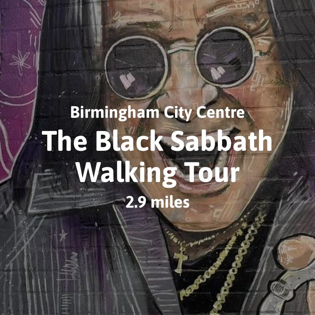 Birmingham City Black Sabbath Walking Tour - 2.9miles long. Follow the route on Go Jauntly. Background shows Ozzy Osbourne