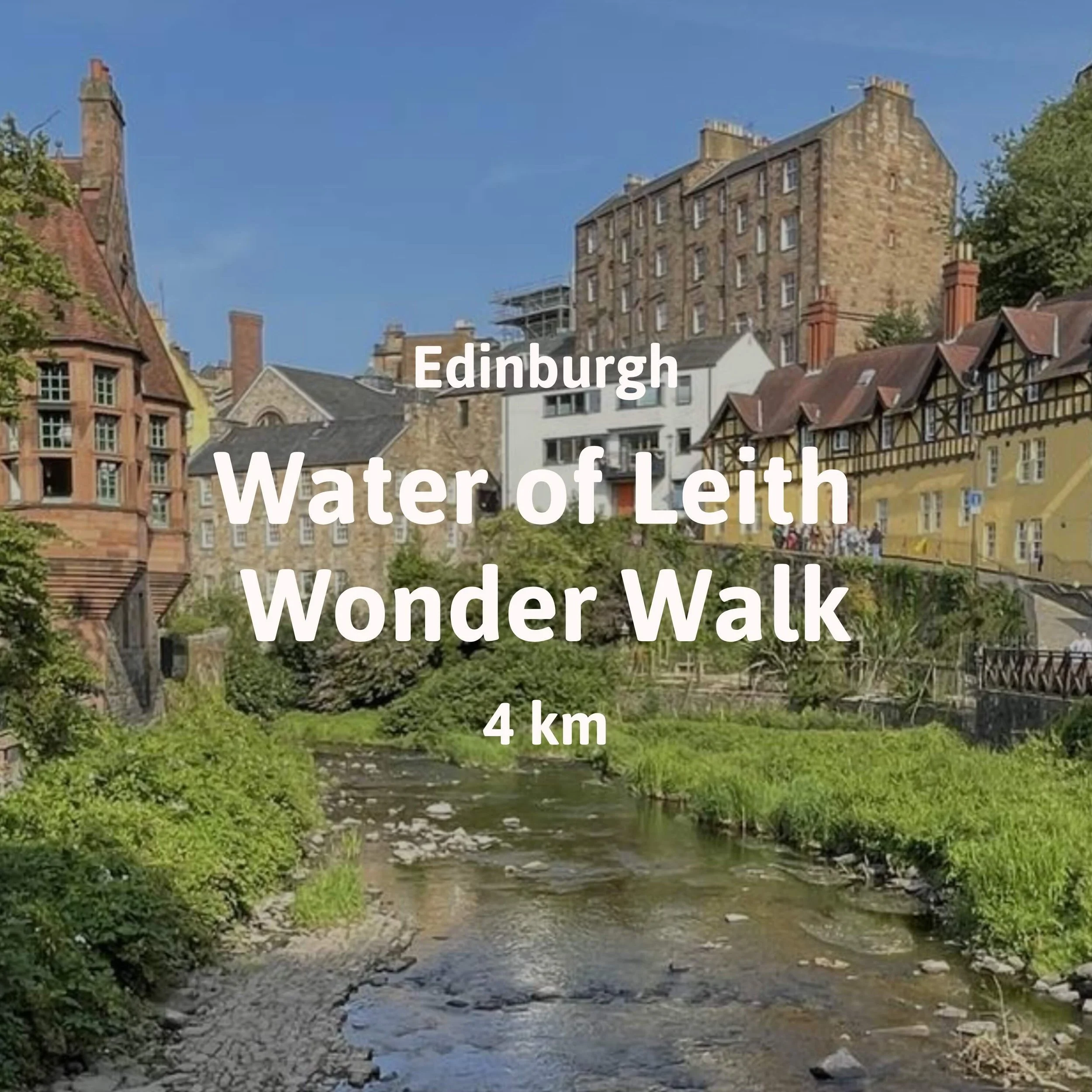 View from Dean Village walkway across the Water of Leith with views of heritage architecture along the riverbanks.
