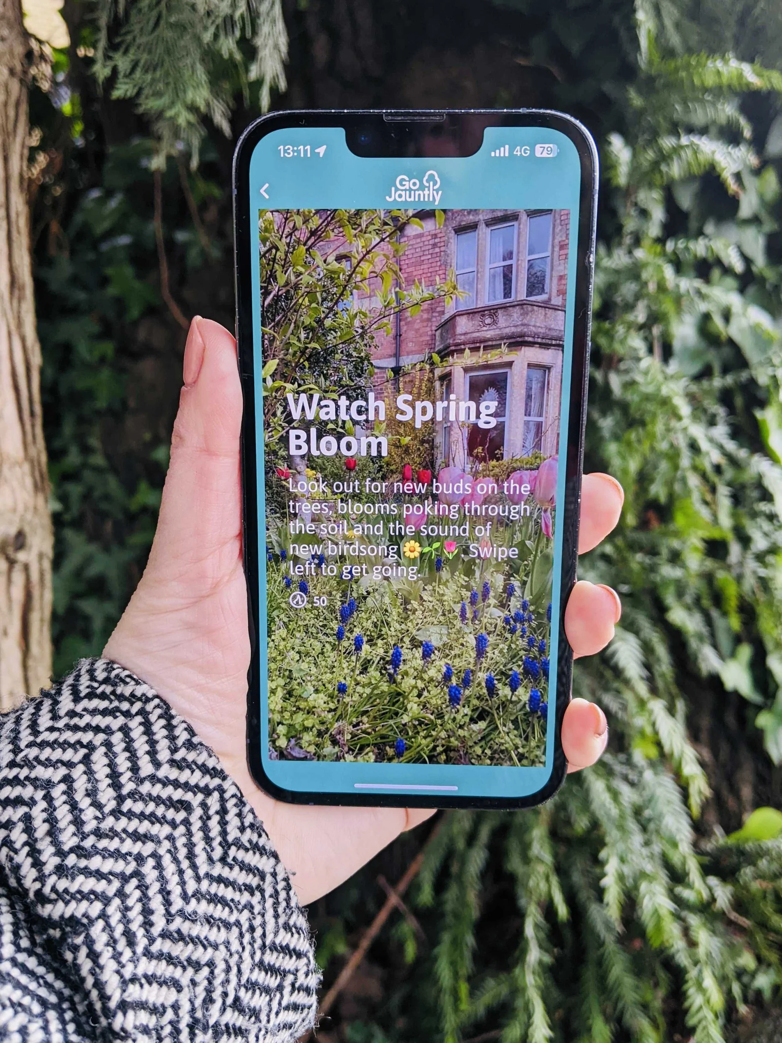 A phone in hand showing the Go Jauntly app and a Spring Bloom collection of walks