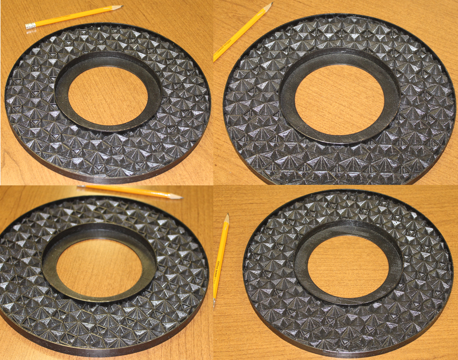 Figure 1. Pictures taken from four different view angles of a first ceiling medallion prototype created using an isosceles triangle truncating object with a 45° non-congruent angle and 0° truncation rotation