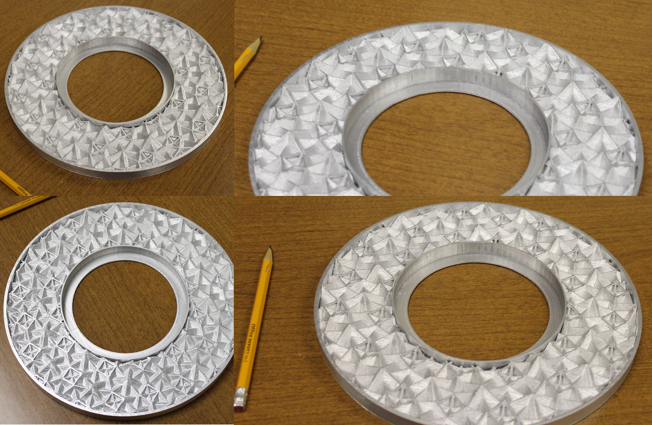 Figure 2. Pictures taken from four different view angles of a second ceiling medallion prototype created using an isosceles triangle truncating object with a 45° non-congruent angle and 0° truncation rotation