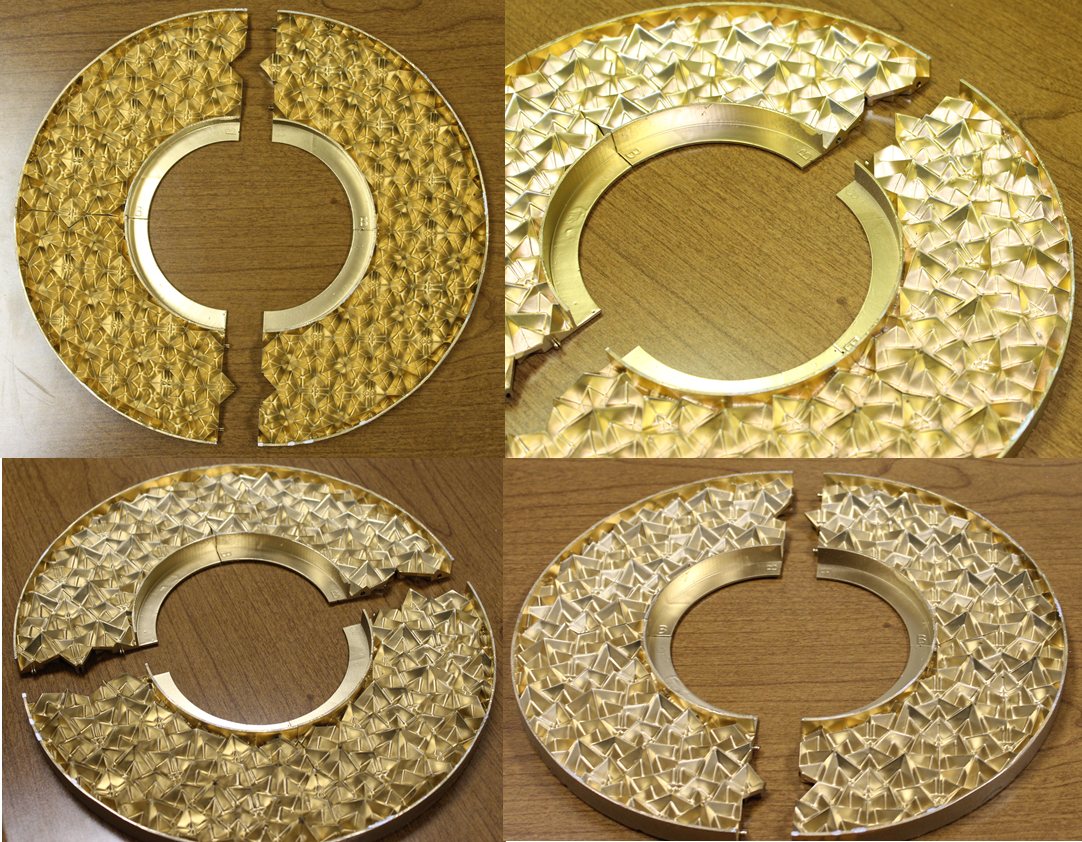 Figure 3. Pictures taken from four different view angles of a third ceiling medallion prototype created using an isosceles triangle truncating object with a 45° non-congruent angle and 15° truncation rotation