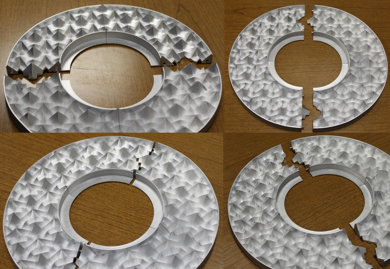 Figure 4. Pictures taken from four different view angles of a fourth ceiling medallion prototype created using a right isosceles triangle truncating object with a 15° truncation rotation