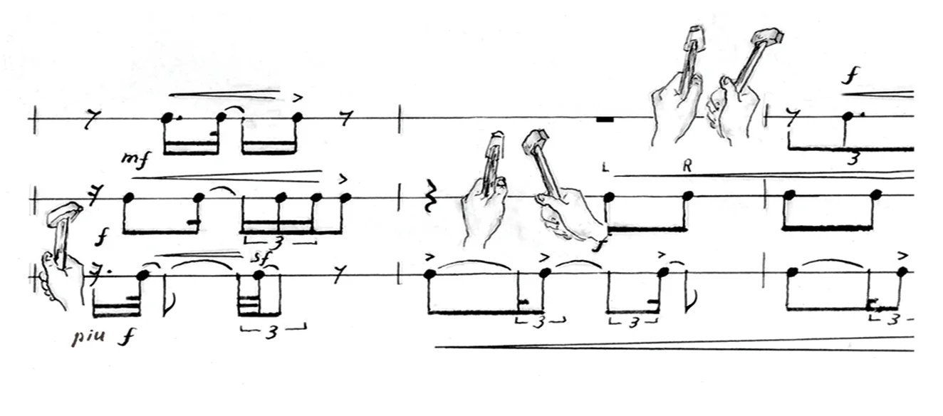 Back stage hammering toward the end of "The Musical Seminar" (Drawing in the score by the Composer)