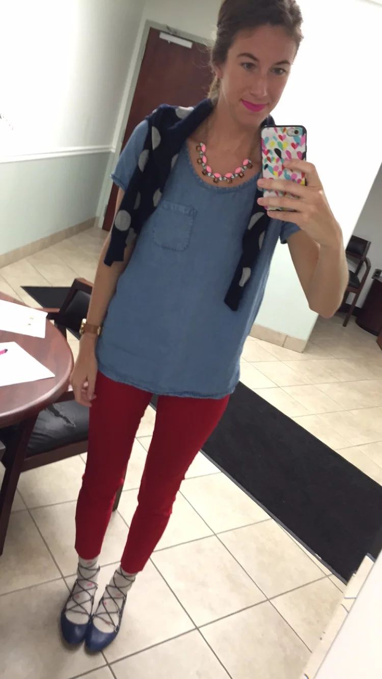 This was me at work yesterday. The chambray shirt is the same shirt that's in the second pictures. You see what I mean about the socks with shoes thing? I love it. Shoes: J.Crew, similar here . Pants: The Limited, Necklace: J.Crew, Cardigan: American Eagle from like high school, but I found it on Poshmark here . Lipstain: Sephora.