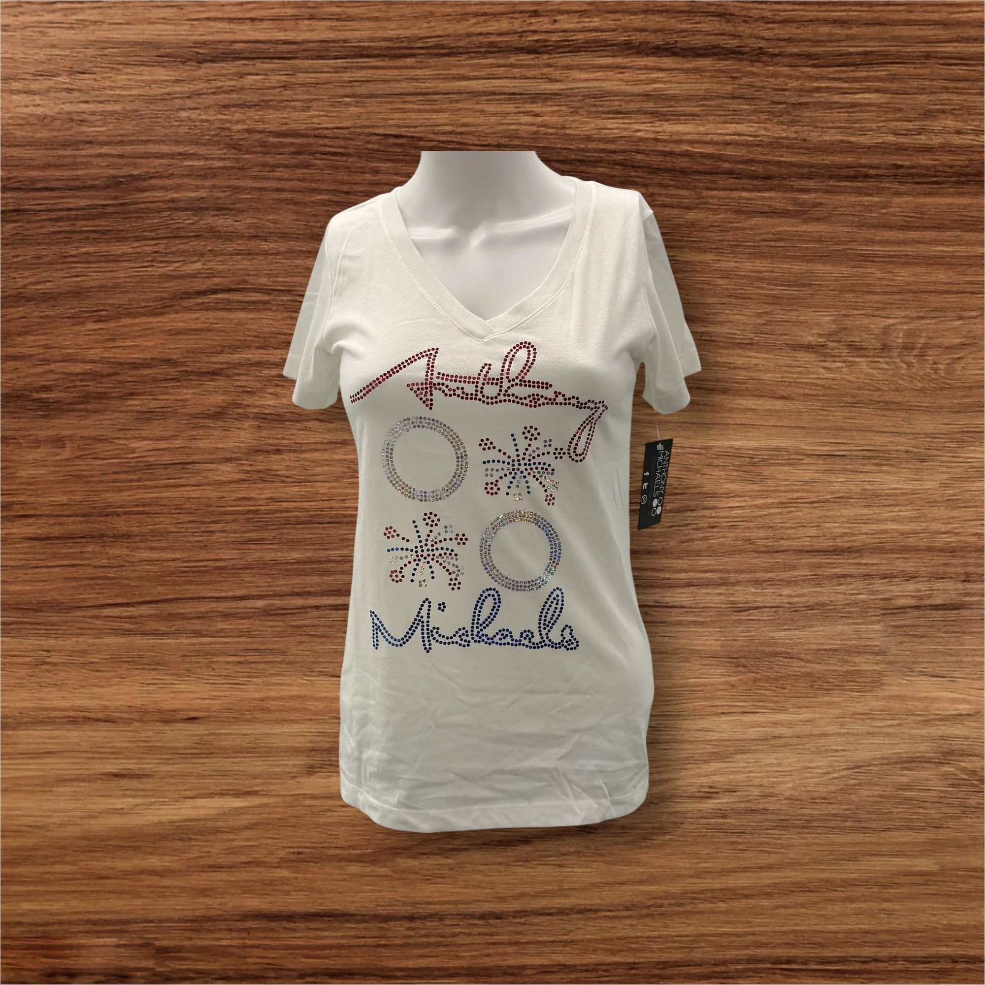 Women's Designer Stretch Red/White/Blue Signature Bling White V- Neck