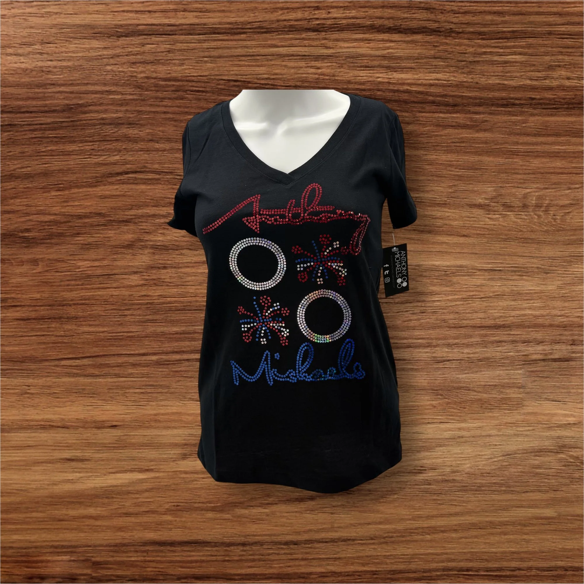 Women's Designer Stretch Red/White/Blue Signature Bling Black V-Neck