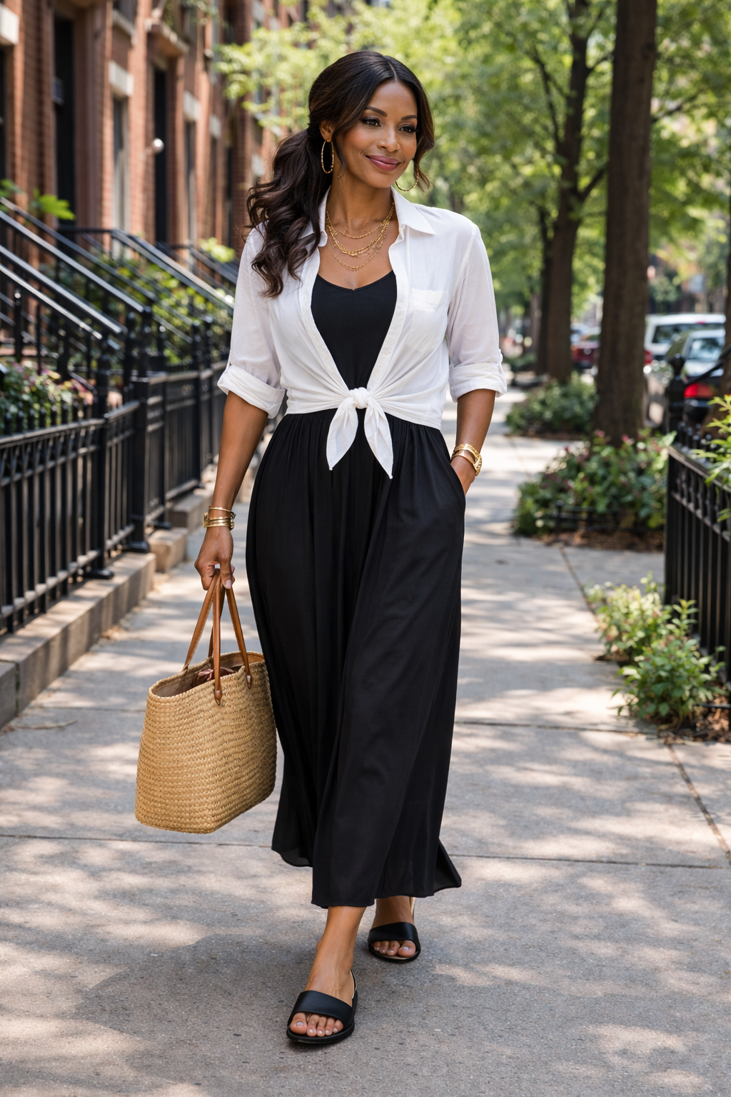 Woman in her 50s casual strolling wearing a maxi dress and white button up shirt
