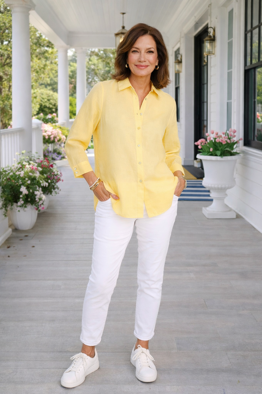 Retired woman wearing white jeans and pastel yellow button up shirt spring outfit