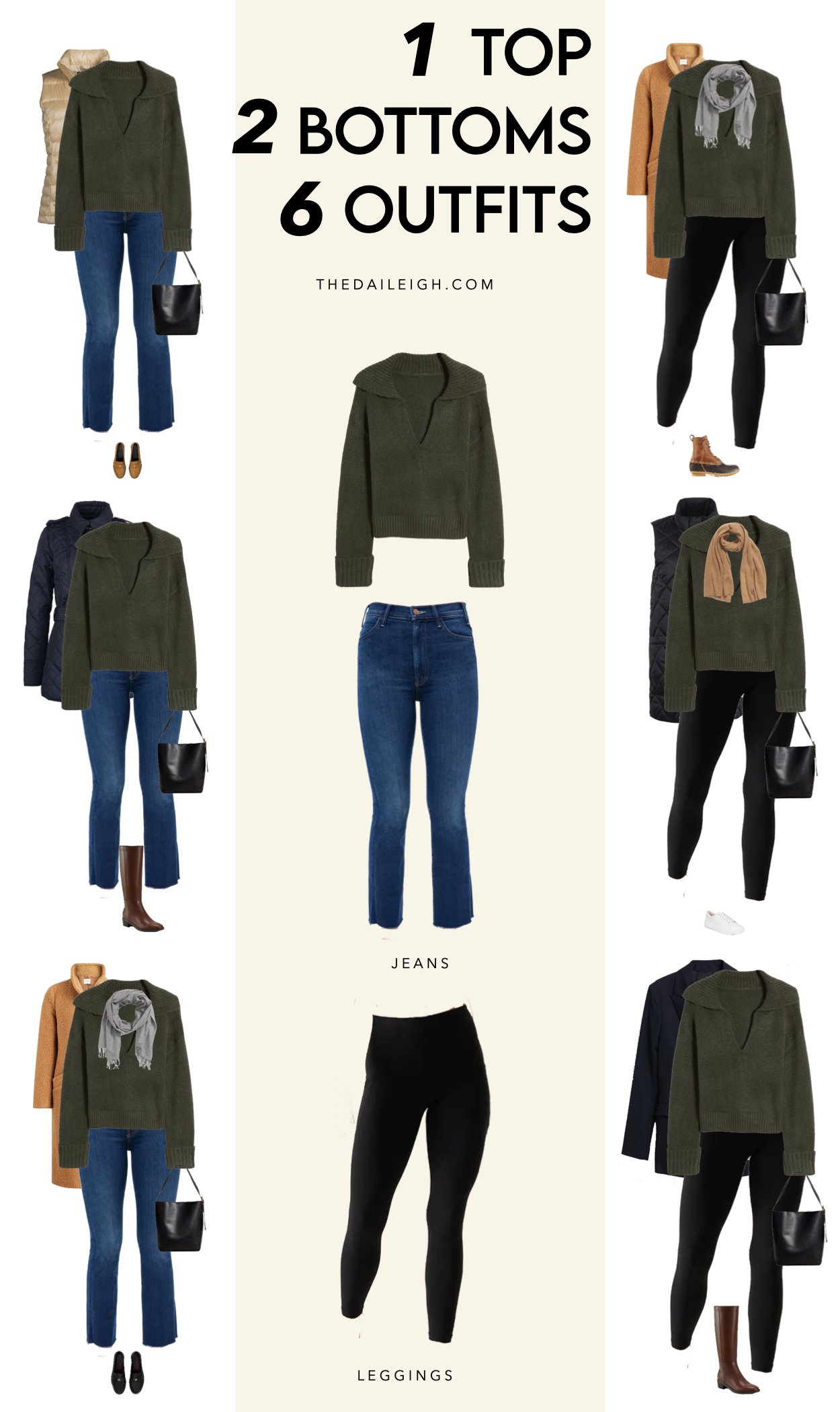 1 Top, 2 Bottoms, 6 Winter Outfits