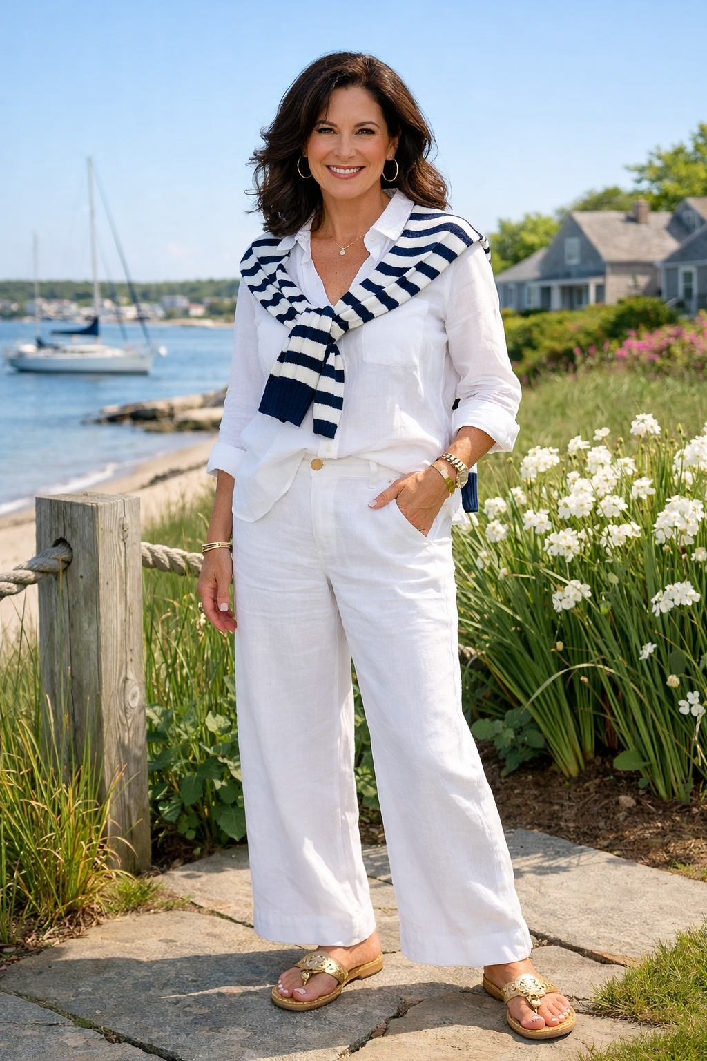 woman wearing a coastal spring outfit