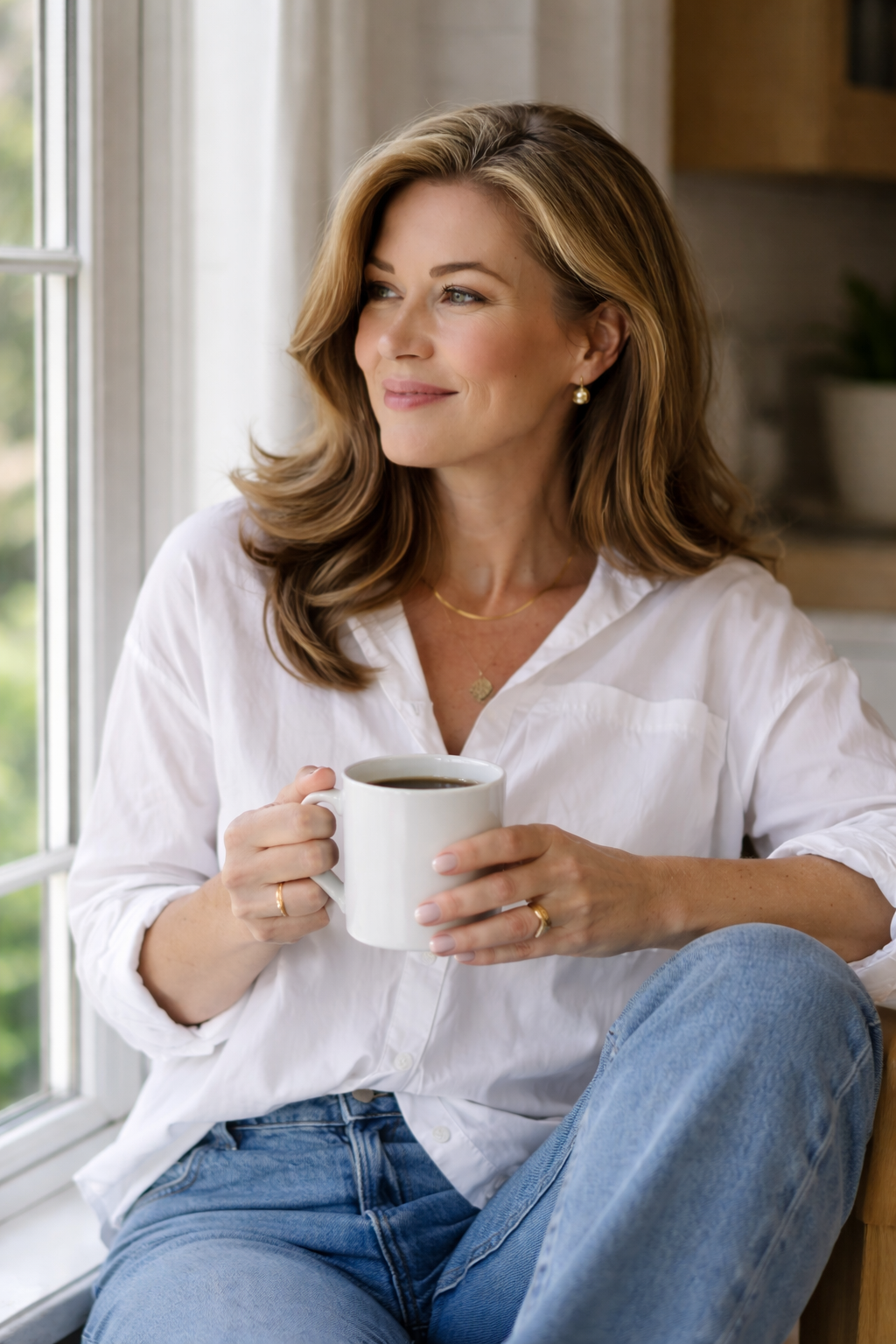 Confident woman enjoying her morning in a simple, neutral outfit at home