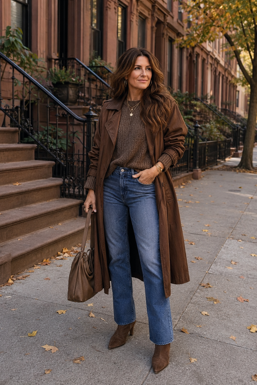 Woman in her 50s wearing a fall outfit.