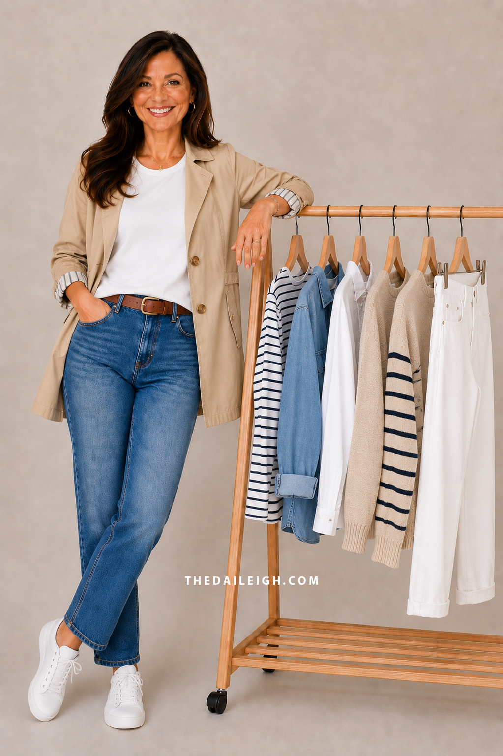 women in her 50s wearing a classic casual outfit standing besides a clothing rack of wardrobe essentials.