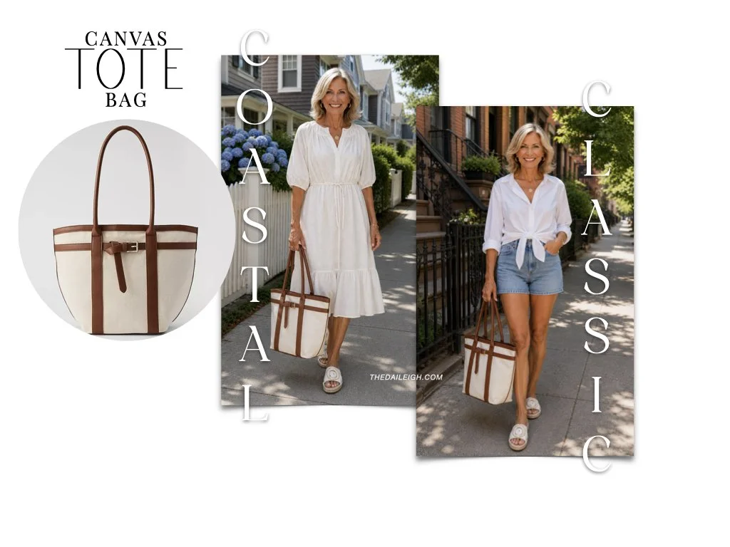 Women over 50 outside in summer showing how to style a tote bag.