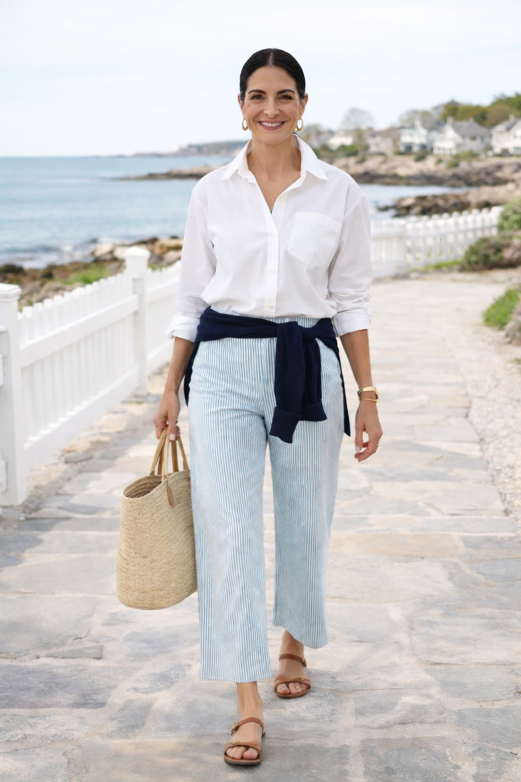 woman wearing a spring coastal outfit