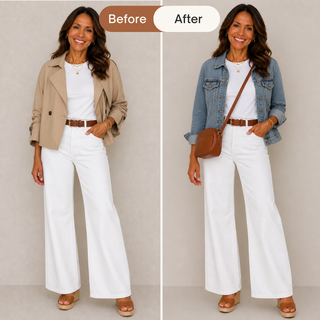 Woman in her 50s showing how to create a casual outfit wearing white tee, wide leg jeans and wedge heel sandals.