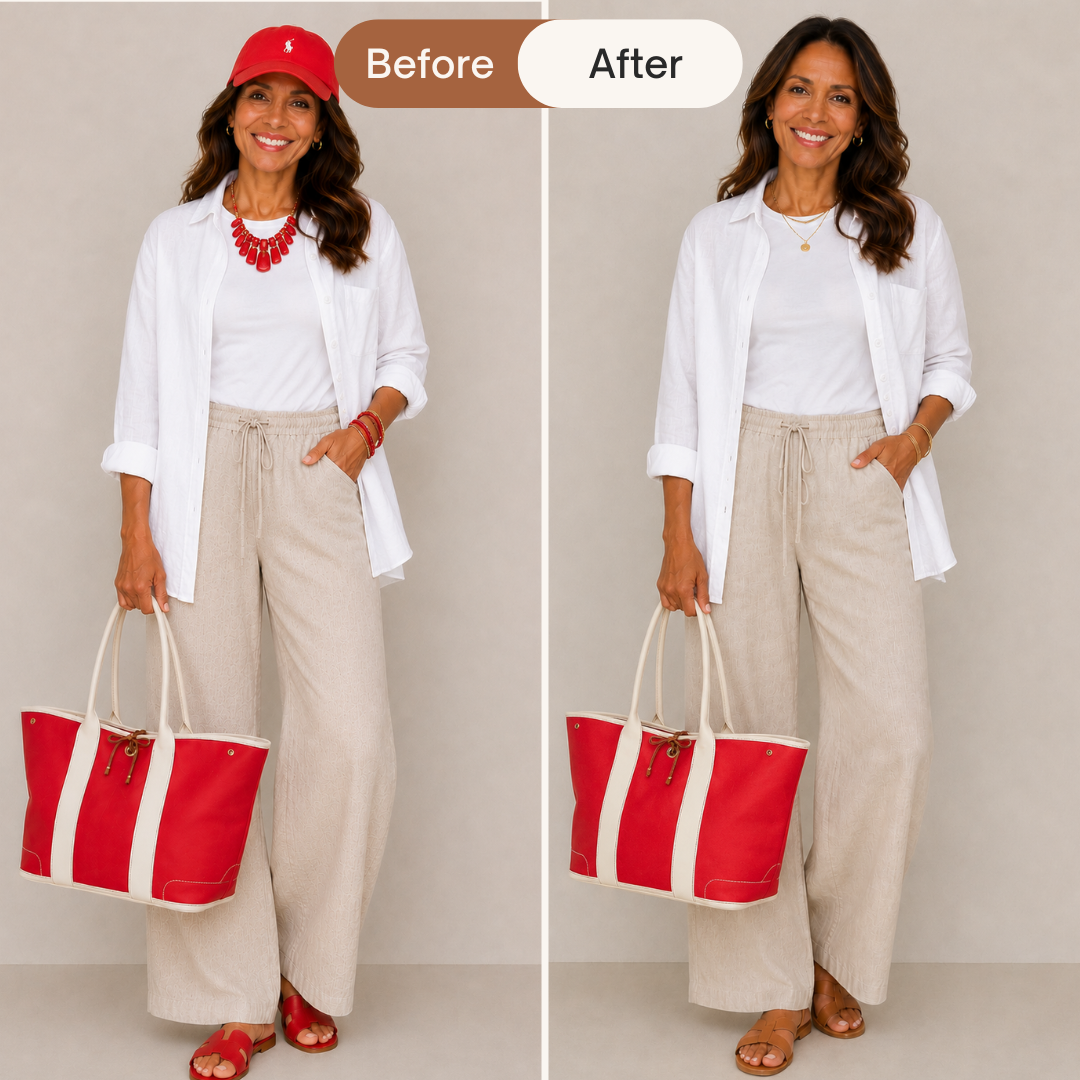 Woman in her 50s showing to fix sn outfit that is too busy.