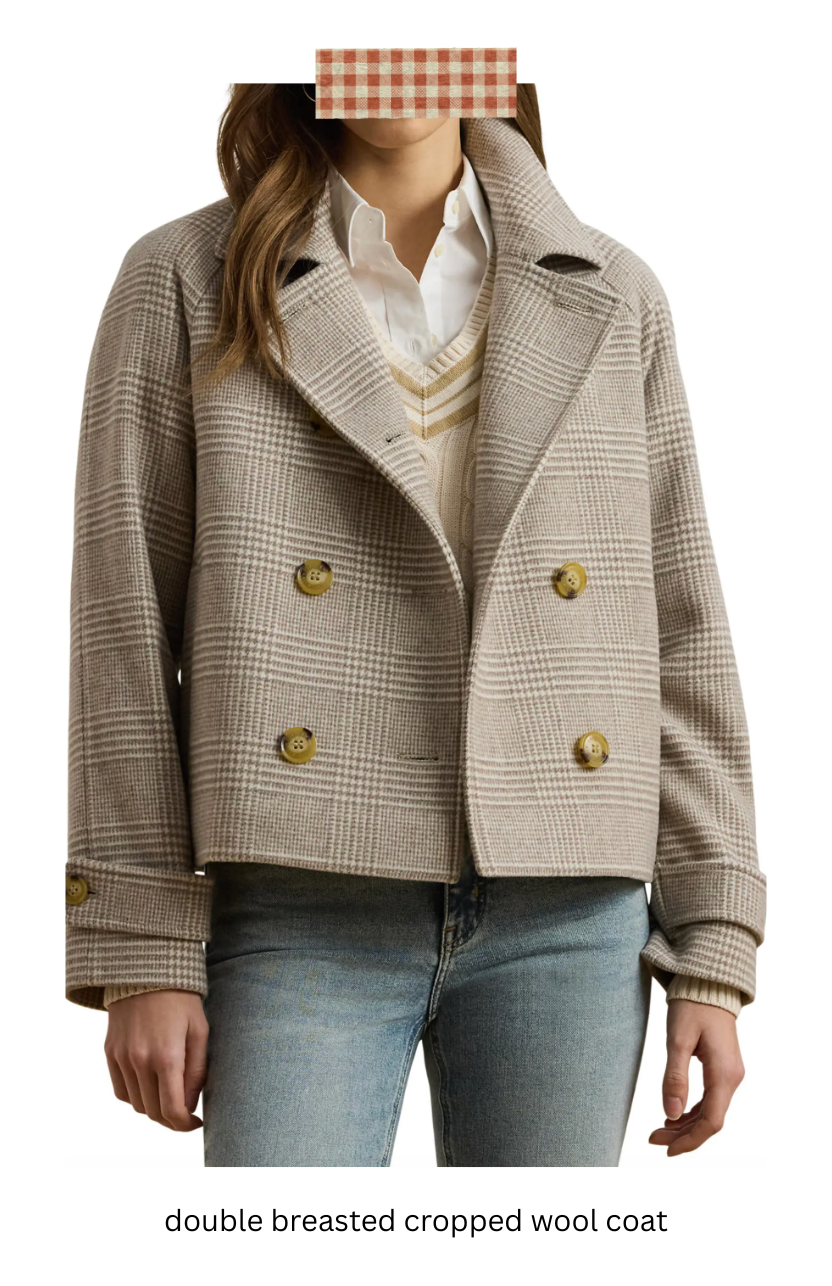Woman wearing a plaid double breasted cropped wool coat with a tan sweater and blue jeans.